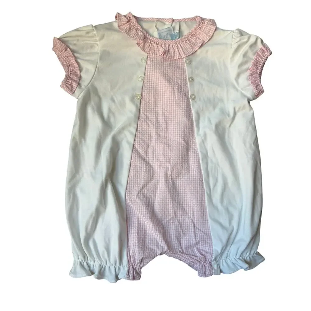 Little English pink gingham bubble romper 24m